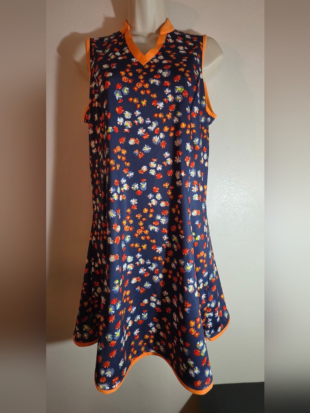 Callaway Navy Floral Sleeveless Golf Dress with Orange Trim